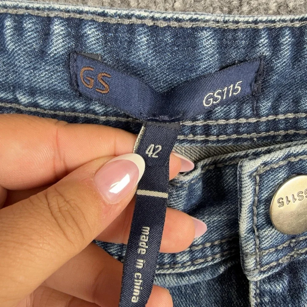 Y2K GS115 Jeans Mens 42x33 Blue Slim Fit Straight Leg Denim Embroidered